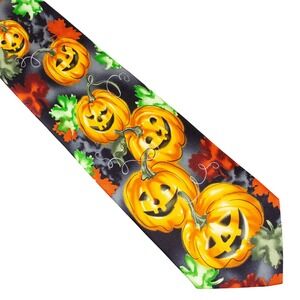 J Garcia Mens Tie Halloween Jack O Lantern Pumpkin Leaves Silk Blend Neck Tie